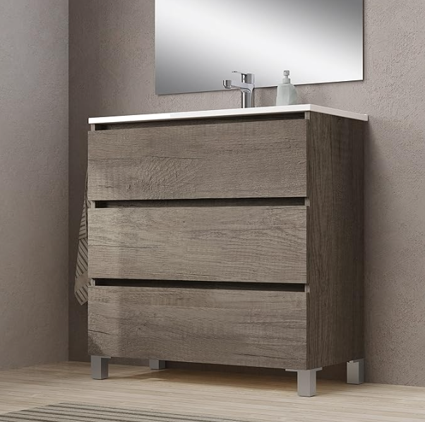 MEUBLE SALLE DE BAIN + VASQUE + MIROIR + PIEDS- BORDEUS-80cm- CEMENTO