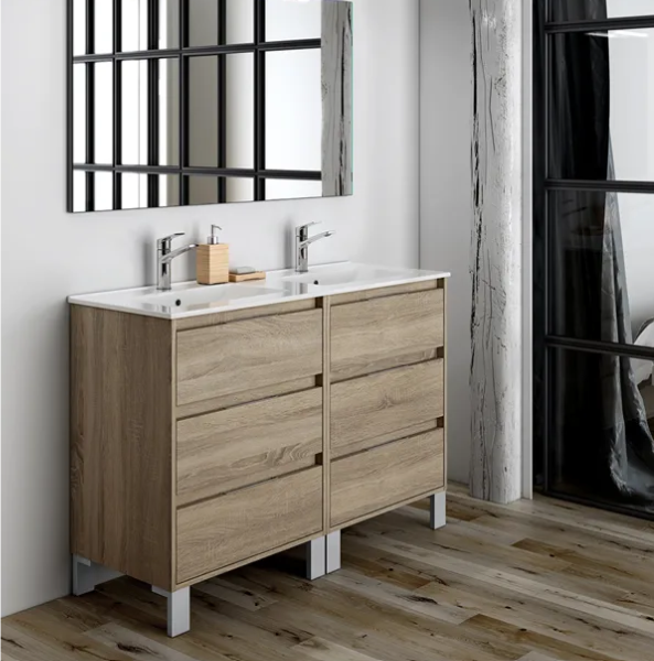 MEUBLE SALLE DE BAIN DOUBLE VASQUE + MIROIR + PIEDS - BORDEUS-120 CM - CAMBRIAN