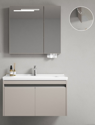 [L52-80] MEUBLE SALLE DE BAIN SIMPLE VASQUE AVEC MIROIR LED - CHANAZ-BEIGE-80